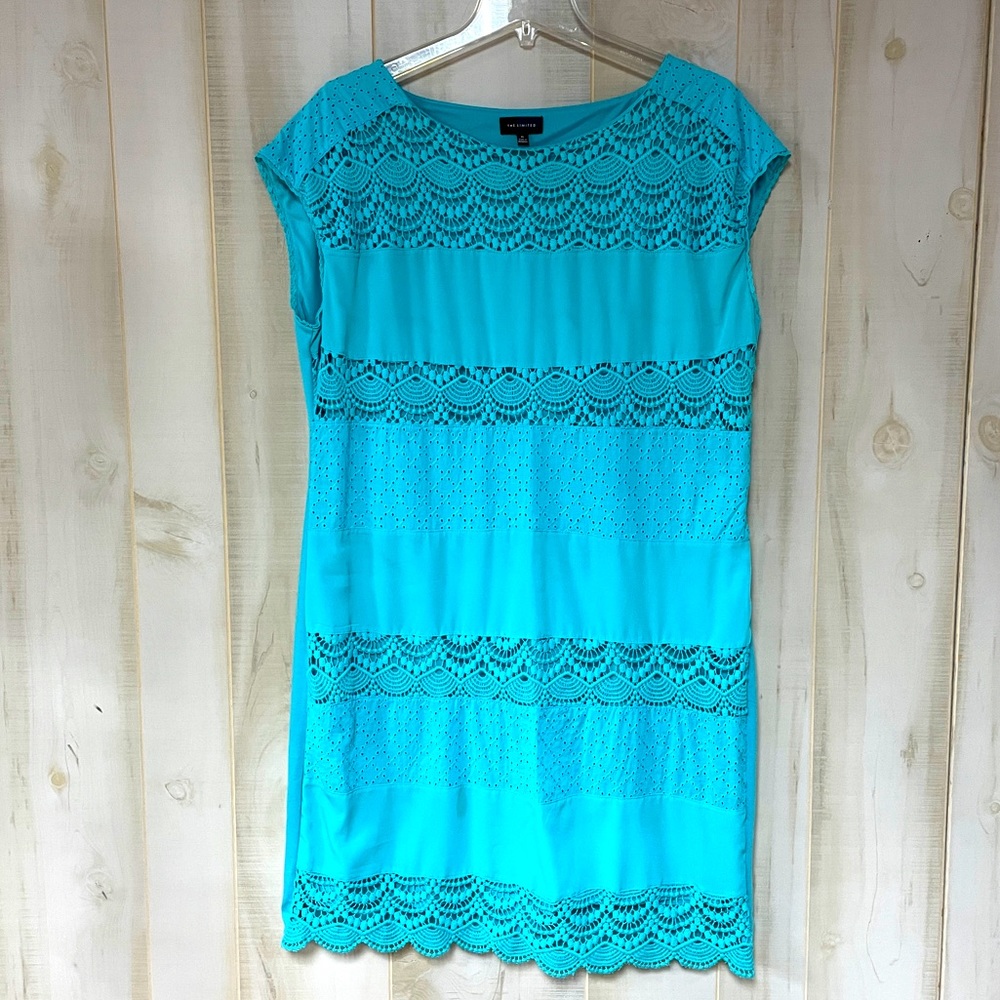 The Limited Turquoise Teal Crochet Accent Cap Sleeve Dress Sz XL Blue Lace